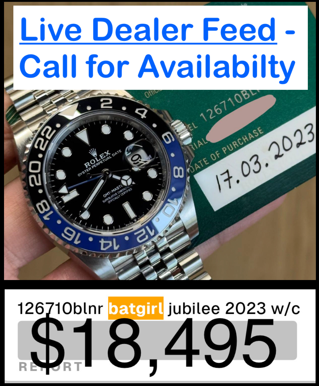Rolex GMT Master II 'Batgirl' Black Blue Ceramic Bezel Jubilee Bracelet - Live Dealer Feed......