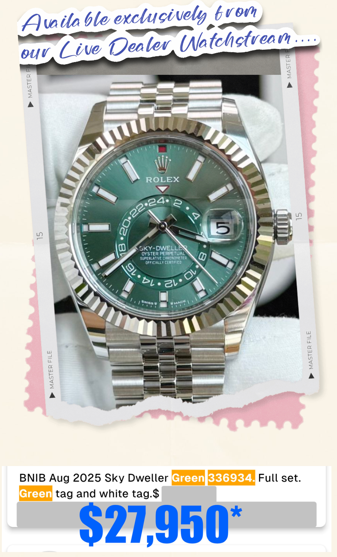 Rolex Skydweller 326934 Green Dial Jubilee Bracelet - Brand New!!