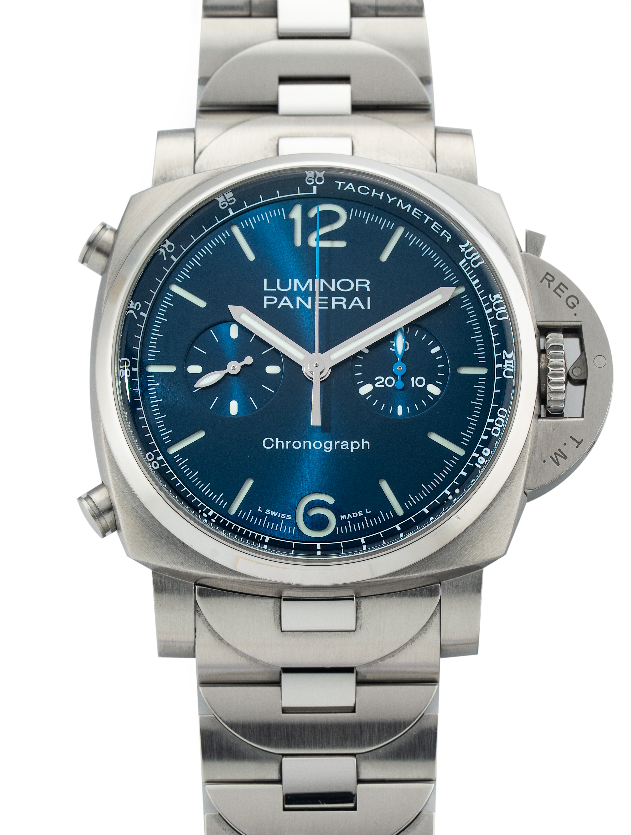 Panerai  Luminor Chronograph 44mm BLUE Dial Stainless Steel w Bracelet PAM1110 - 100% Complete